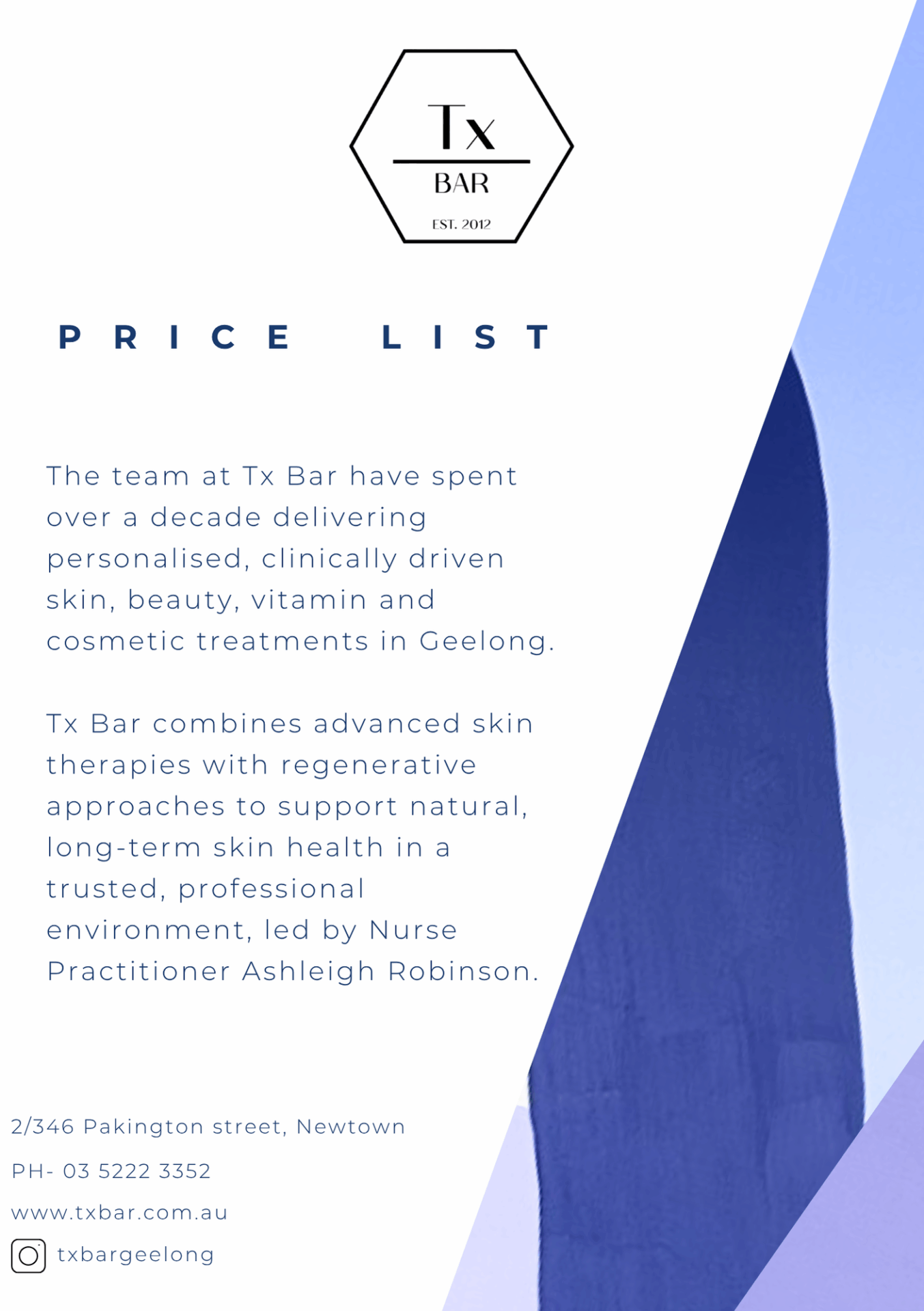 Price list for cosmetic treatments and waxing at Tx Bar